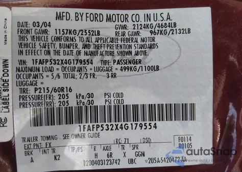 2004 Ford Taurus Se from USA, damaged, VIN 1FAFP532X4G179554